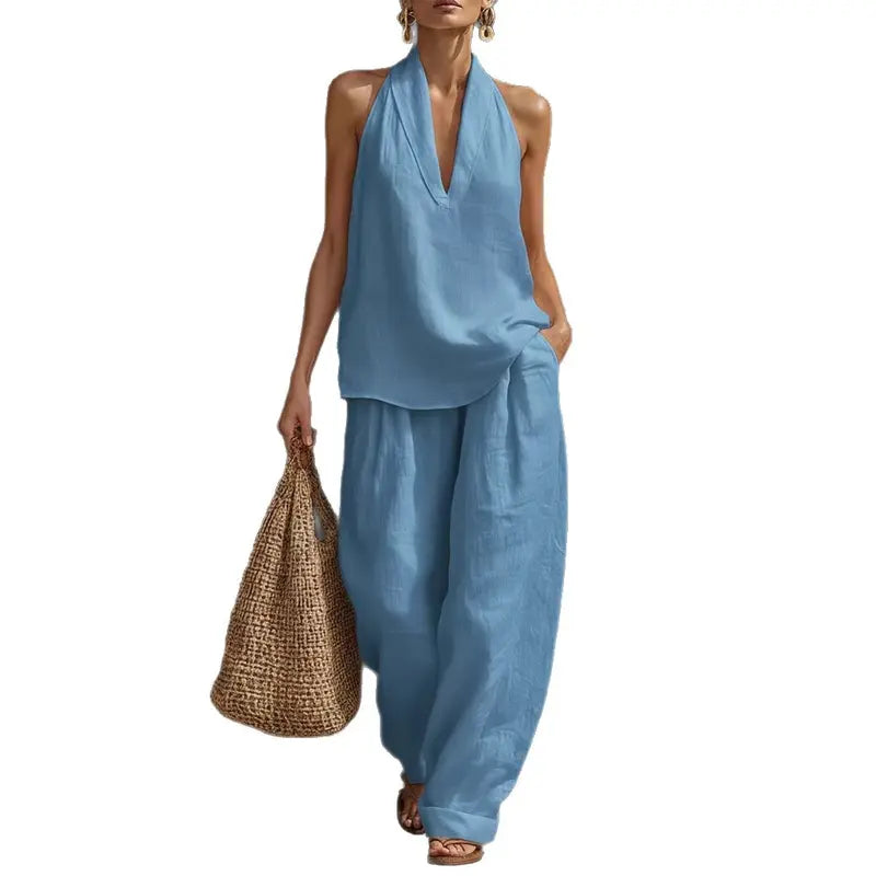 Women's Halter V-Neck Sleeveless Top & Wide Leg Pants 2 Piece Set