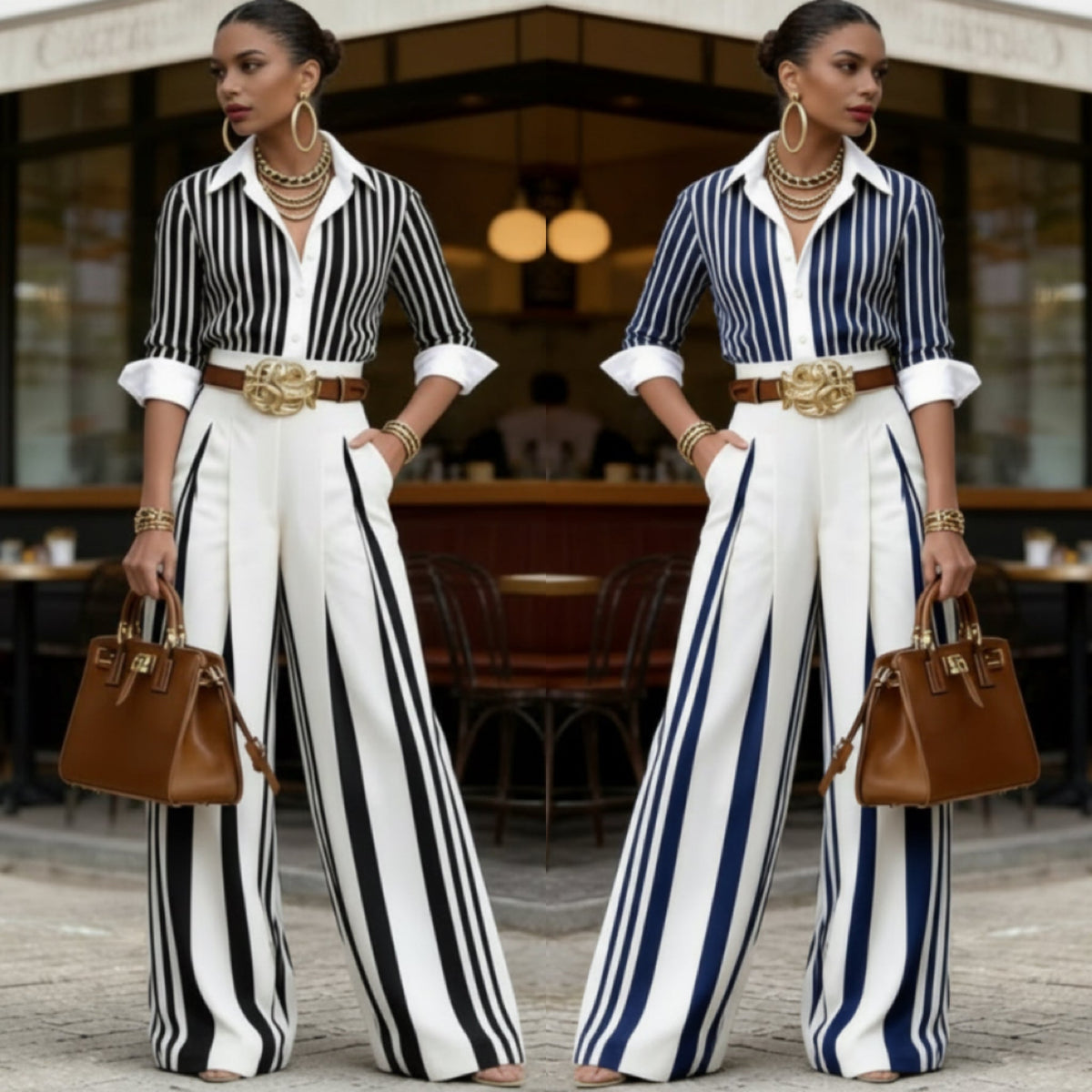 📢📢50% OFF !! ⏰✨ Sleek, Stylish, And Effortlessly Chic – Women's Striped Shirt & Wide-Leg Pants 2-Piece Set