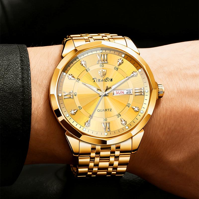 Men's Diamond-Studded Crystal Mirror-Finish Gold Steel Strap Watch