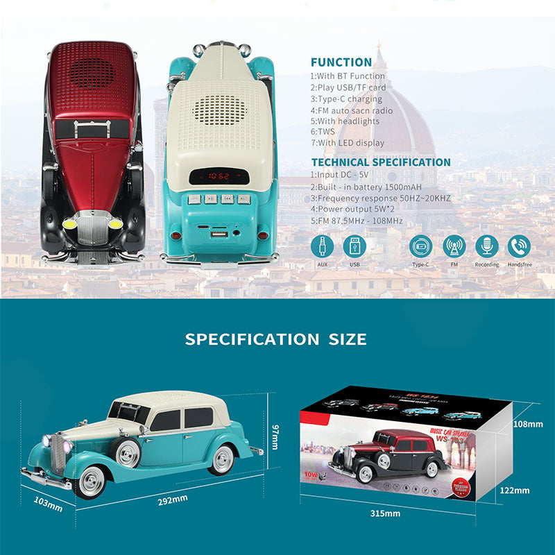 Vintage Car Bluetooth Speaker with Stereo Sound