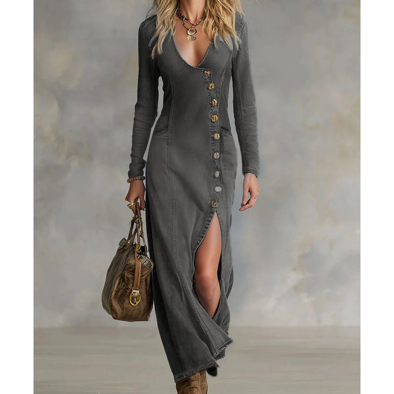 💎 Women's Long Sleeve V-Neck Maxi Dress – Soft Fabric, Bodycon Fit & Elegant High Slit 👗✨