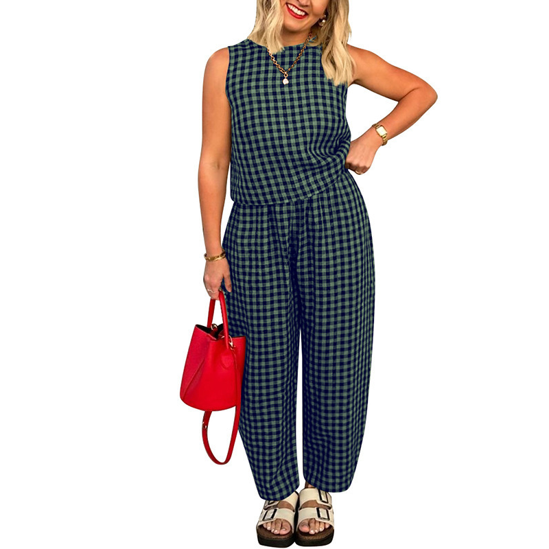 ๐ 49% OFF NOW! ๐ Summer Gingham Print Tank & Trousers Outfit โ Lightweight, Breathable & Perfect for a Stylish Look ๐
