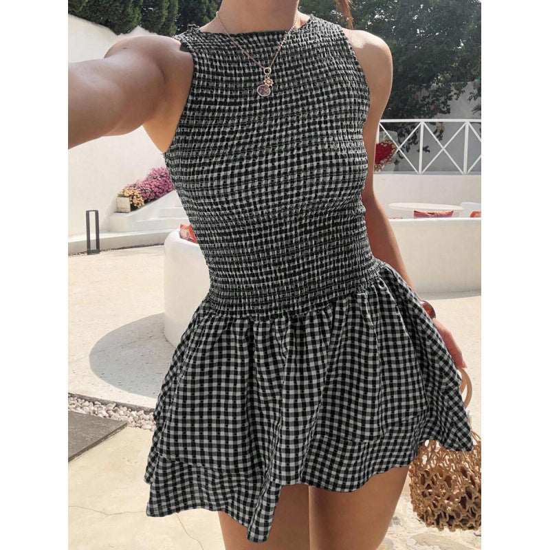 🥳SUMMER HOT SALE🥳💞50K+ SOLD!💥50% OFF! 🔥Sleeveless Gingham Smocked Mini Dress
