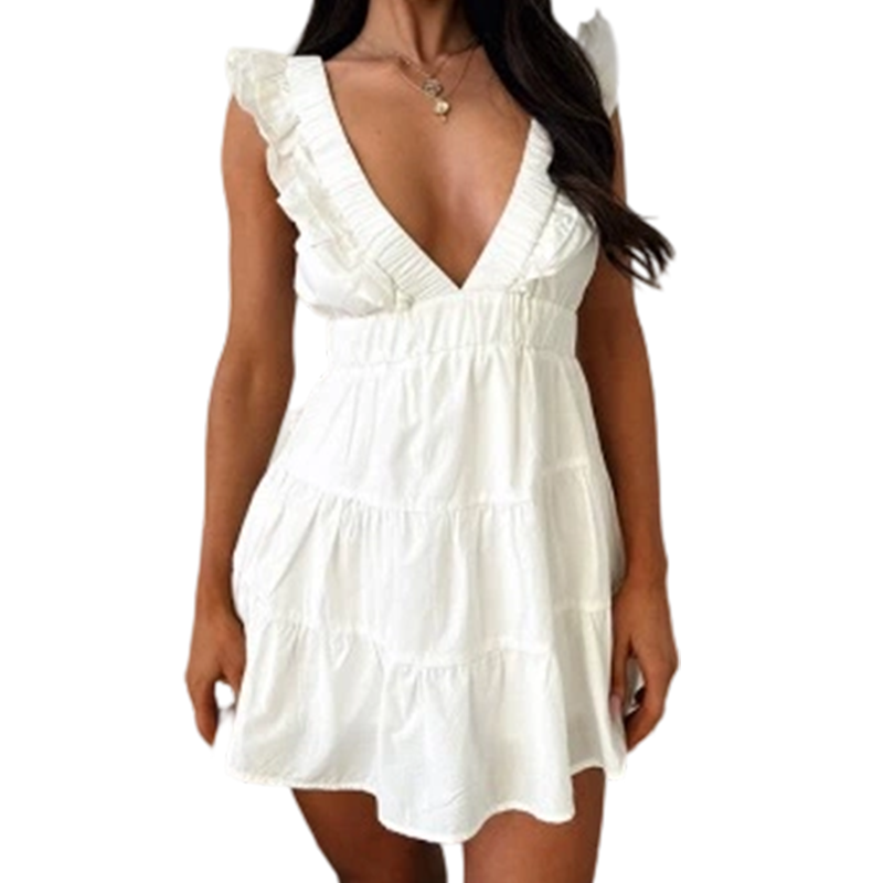 🎁New Arrival 50% OFF💥Women Summer V Neck Sleeveless Ruffle Mini Dress Solid Color Tiered Vest Dress
