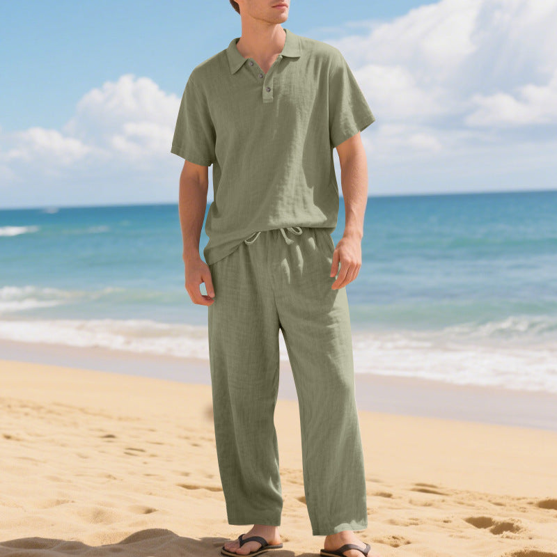 Men's Casual Linen Blend Shirt and Pants Set Loose Fit Beach Wear