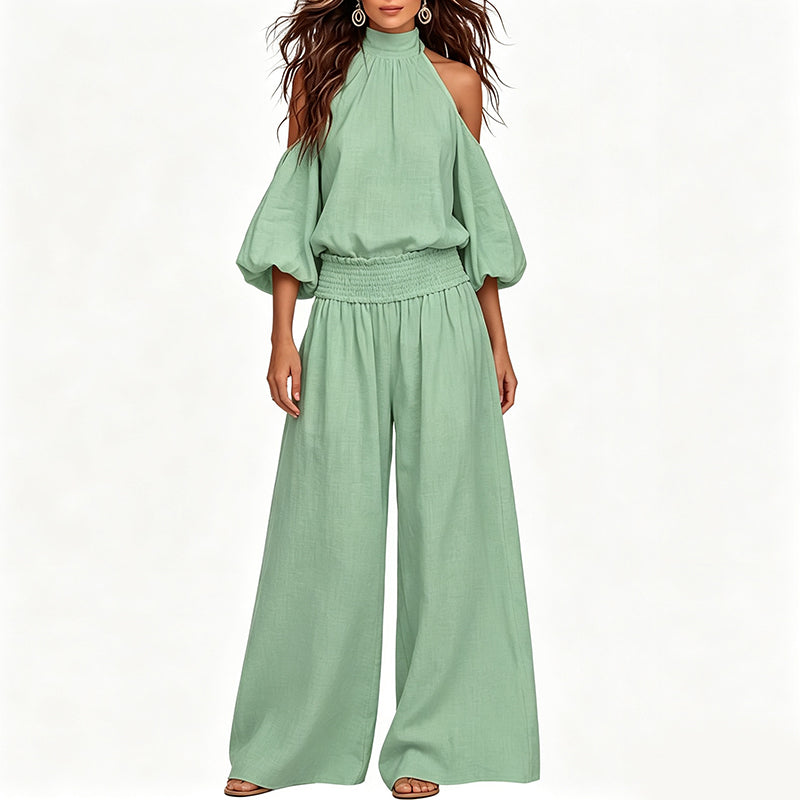 Women's Cold Shoulder Halter Neck Top & Wide-Leg Trousers Set đ¸ Bare the Shoulders, Free the Legs â Summer's Most Flattering Co-Ord â¨