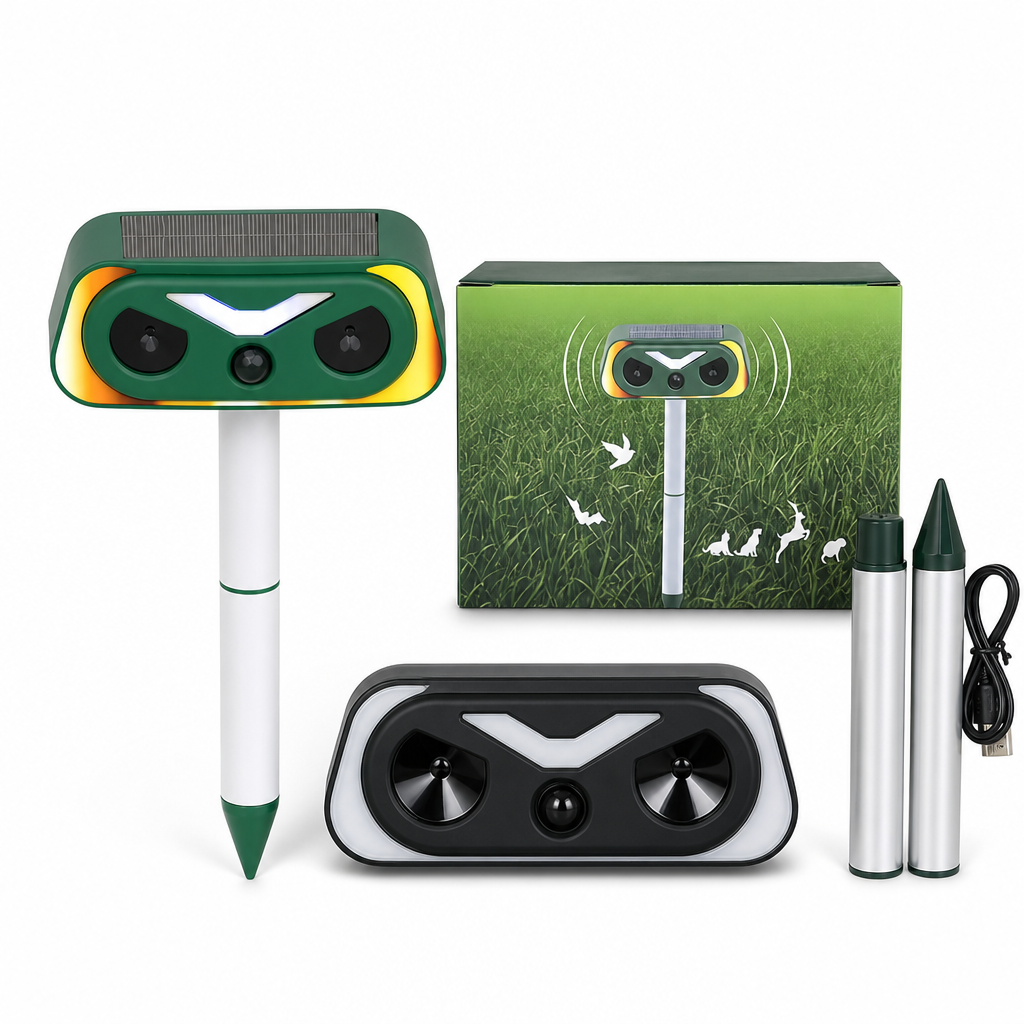 Solar Powered Outdoor Waterproof Ultrasonic Animal Repeller with Flame Light and Siren Alarm High Power Variable Frequency Rodent Deterrent