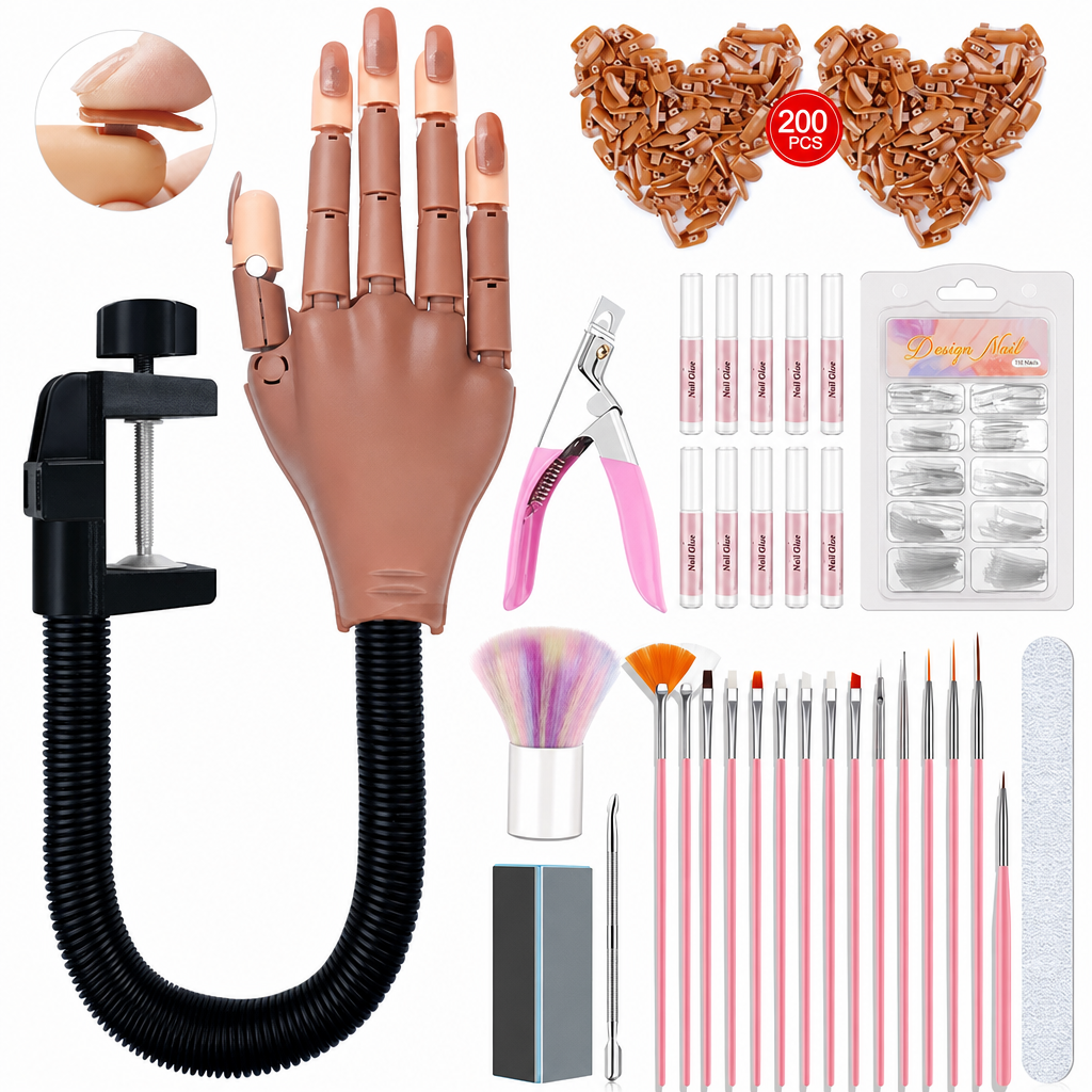 Professional 15 Piece Nail Art Practice Hand and Tool Kit for Training and Salon