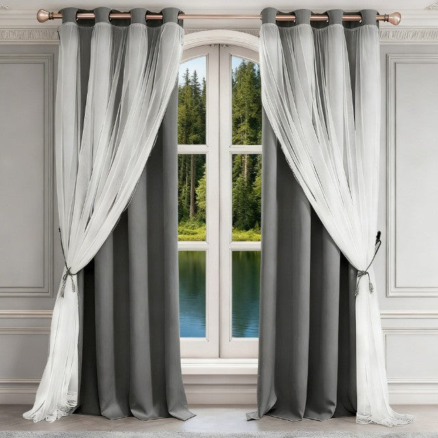 Double Layer Blackout Curtain with Sheer Overlay Grommet Top Window Panel for Bedroom and Kids Room