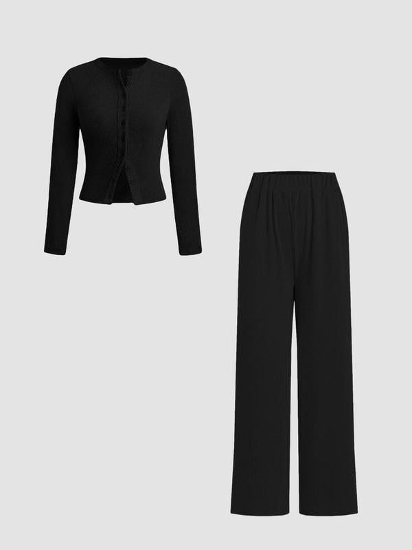 Slim-Fit Long-Sleeve Button-Up Top & Wide-Leg Pants 2-Piece Set