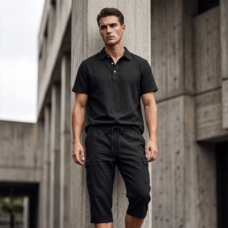 Men Summer Linen Set Loose Shirt and Cargo Shorts Two Piece Outfit