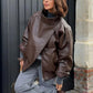 Black faux leather jacket with stand-up collar, oversized motorcycle jacket