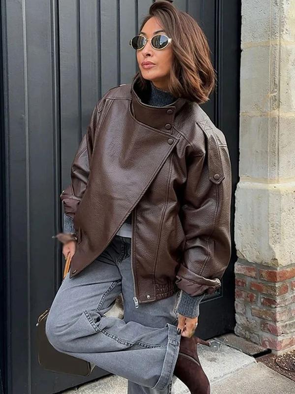 Black faux leather jacket with stand-up collar, oversized motorcycle jacket