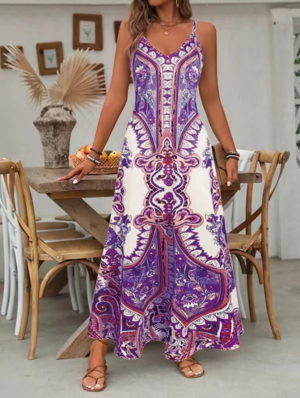 👗Women’s Retro Print V-Neck Sleeveless Maxi Dress