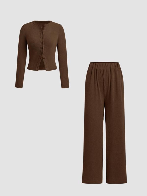 Slim-Fit Long-Sleeve Button-Up Top & Wide-Leg Pants 2-Piece Set