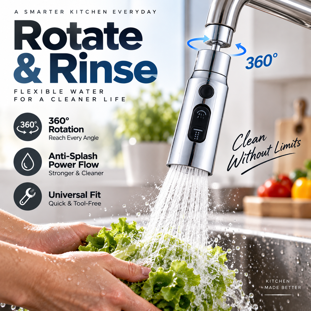 💧🔄 360° rotating high-pressure tap with adapter - flexible water flow for easier cleaning 🚰✨