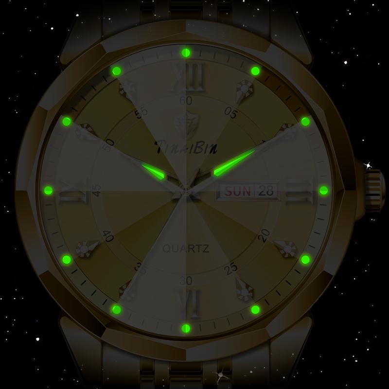 Men's Diamond-Studded Crystal Mirror-Finish Gold Steel Strap Watch