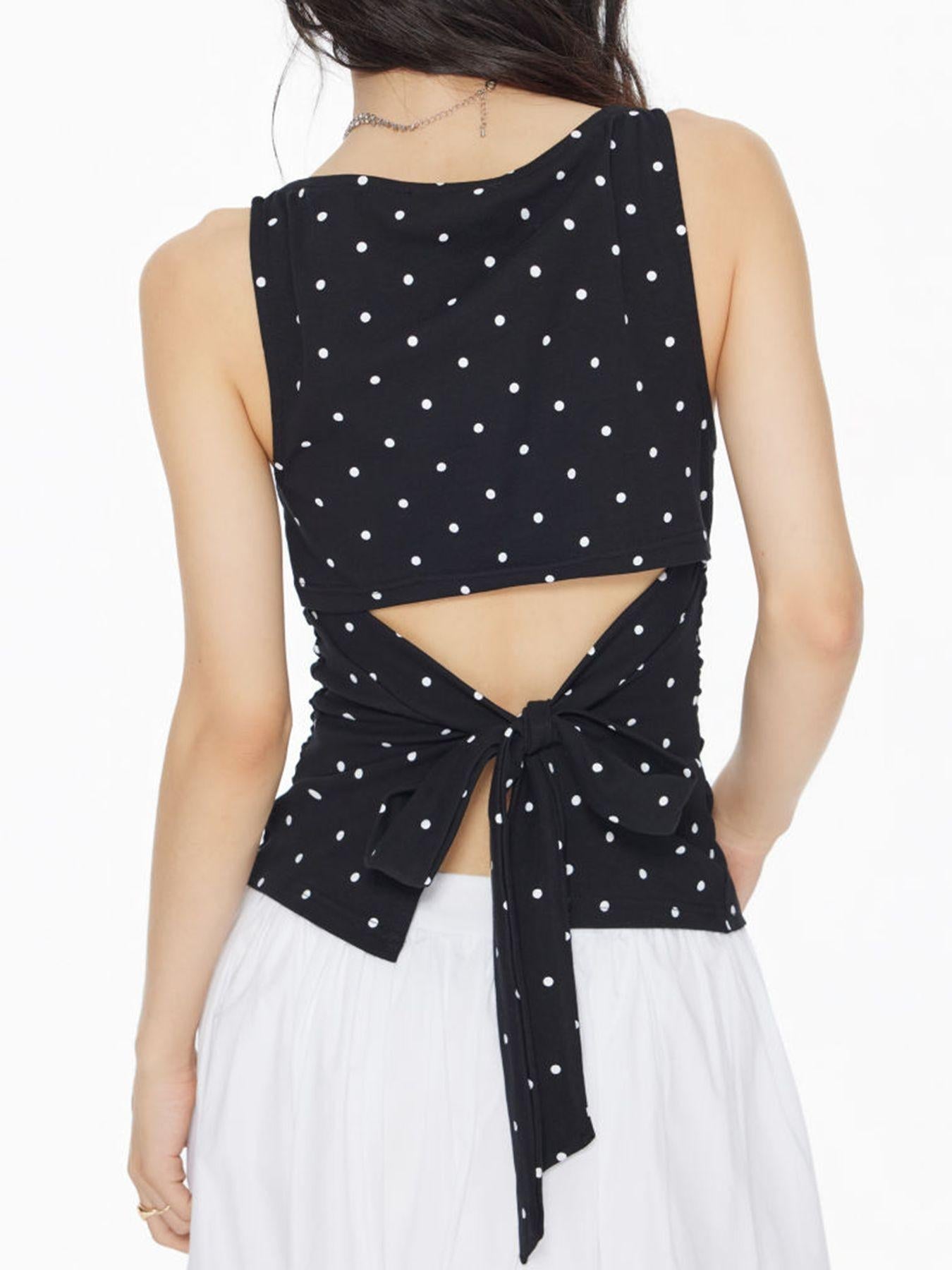 👗🎀 Women's Polka Dot Tank Top, Summer Sleeveless Knot Design, Y2K Style, Slim-Fitting, Round Neck, Back Tie, Casual Wear
