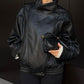 Black faux leather jacket with stand-up collar, oversized motorcycle jacket
