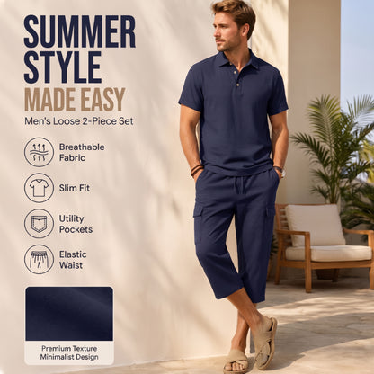 Men Summer Linen Set Loose Shirt and Cargo Shorts Two Piece Outfit