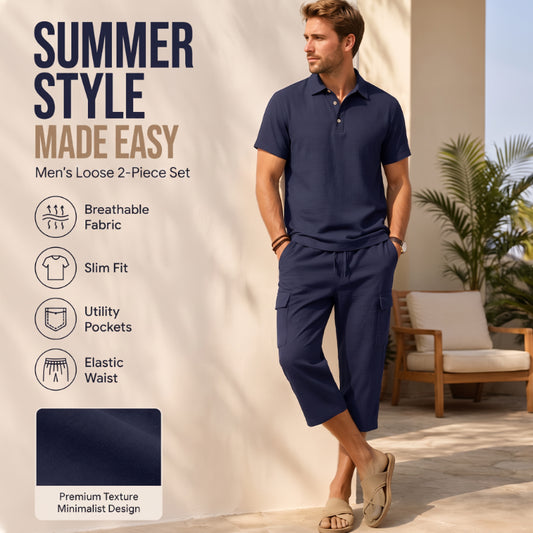 Men Summer Linen Set Loose Shirt and Cargo Shorts Two Piece Outfit