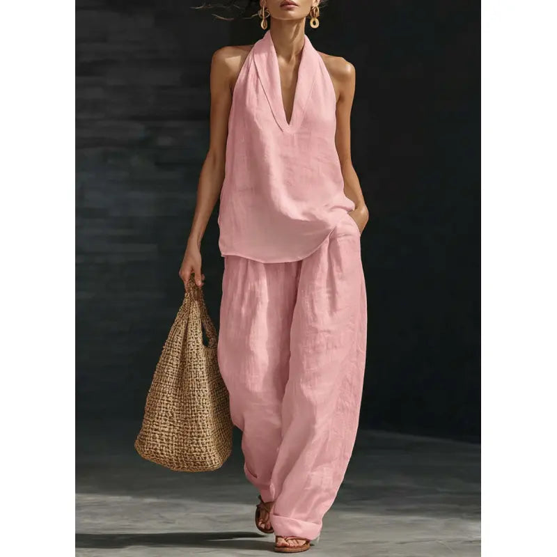 Women's Halter V-Neck Sleeveless Top & Wide Leg Pants 2 Piece Set
