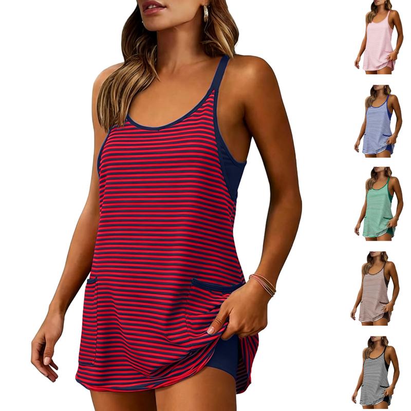 Women's Striped Tankini Dress with Pockets