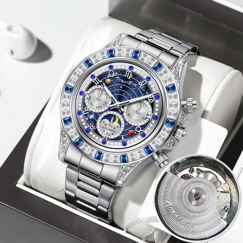 TINAIBIN Twelve Zodiac Signs & Starry Sky Diamond Automatic Skeleton Men's Watch