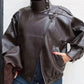 Black faux leather jacket with stand-up collar, oversized motorcycle jacket