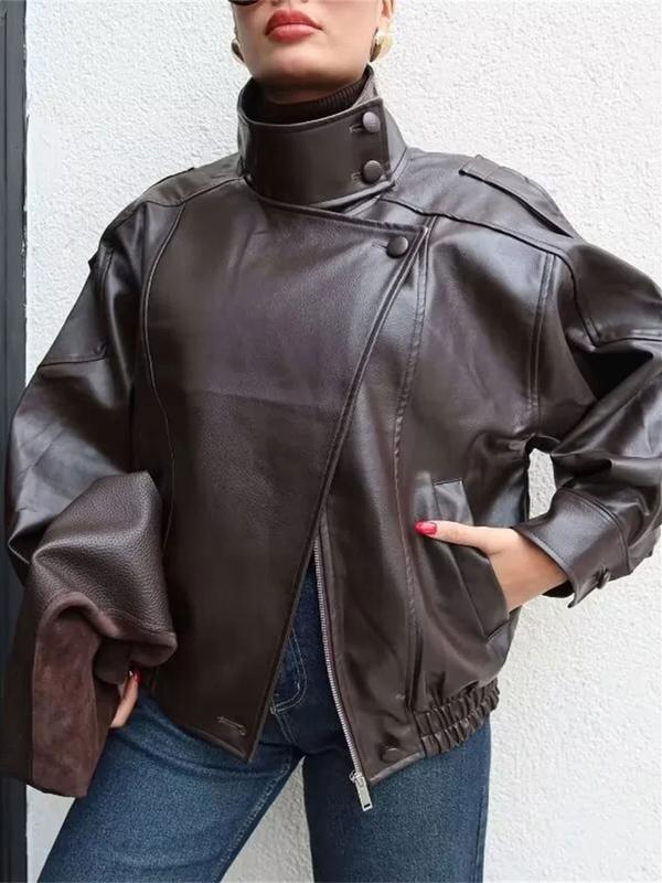 Black faux leather jacket with stand-up collar, oversized motorcycle jacket