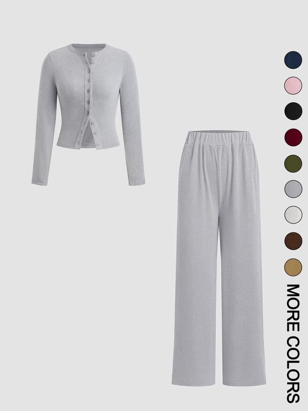 Slim-Fit Long-Sleeve Button-Up Top & Wide-Leg Pants 2-Piece Set