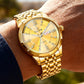 Men's Diamond-Studded Crystal Mirror-Finish Gold Steel Strap Watch