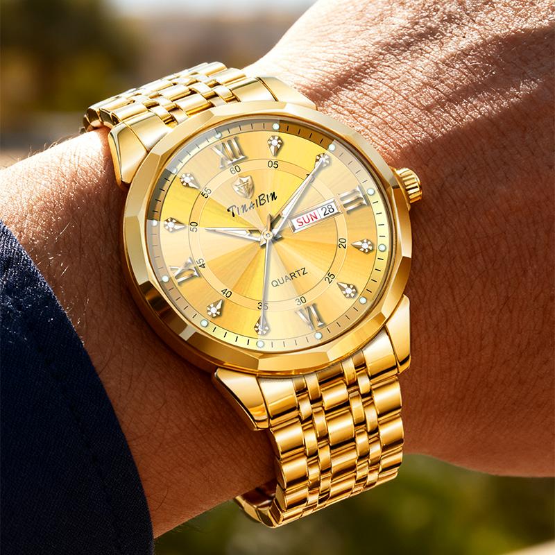 Men's Diamond-Studded Crystal Mirror-Finish Gold Steel Strap Watch