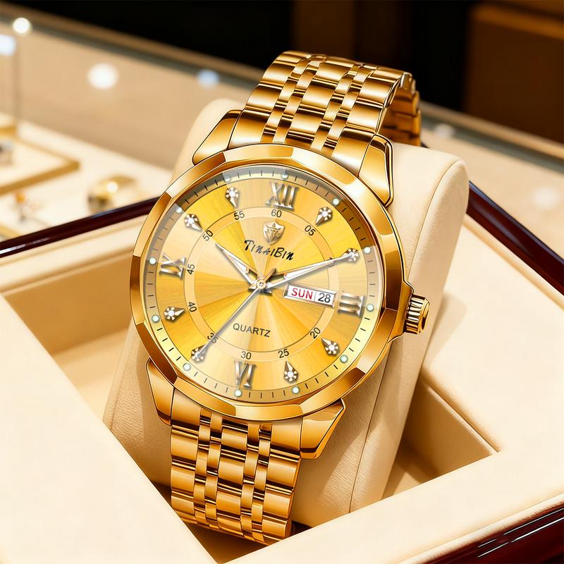 Men's Diamond-Studded Crystal Mirror-Finish Gold Steel Strap Watch