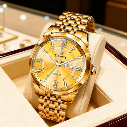 Men's Diamond-Studded Crystal Mirror-Finish Gold Steel Strap Watch