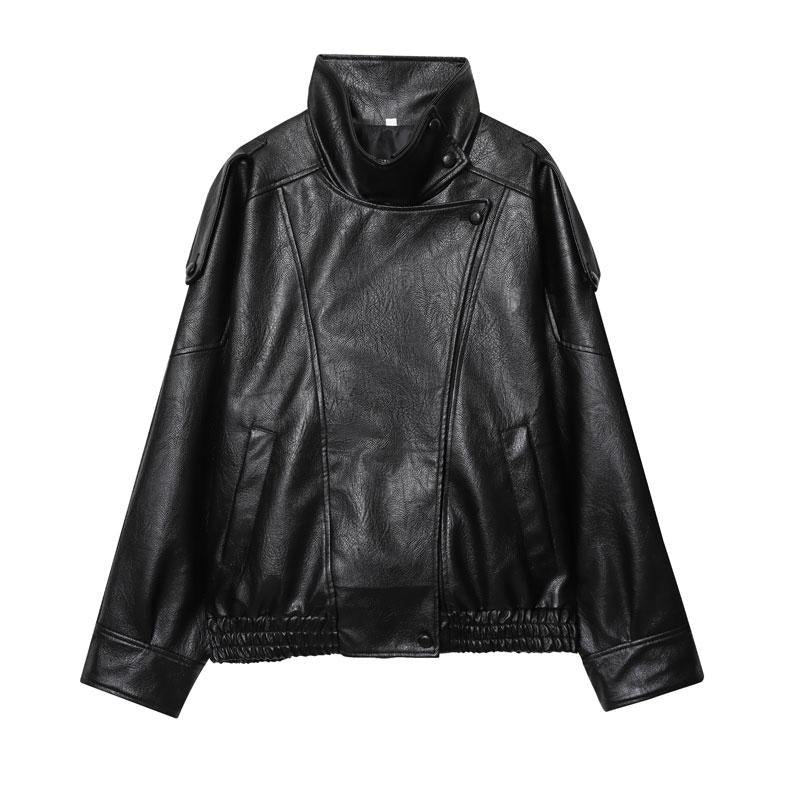 Black faux leather jacket with stand-up collar, oversized motorcycle jacket