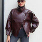 Black faux leather jacket with stand-up collar, oversized motorcycle jacket