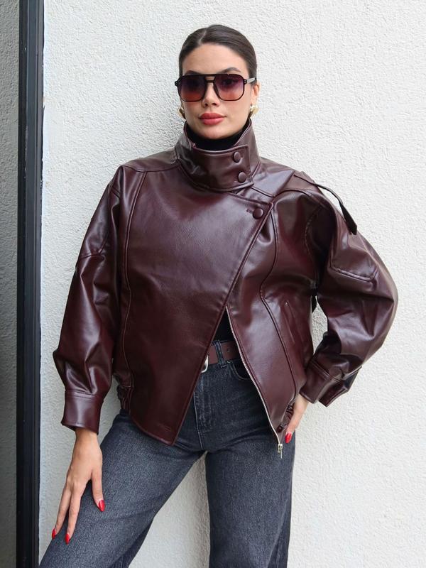 Black faux leather jacket with stand-up collar, oversized motorcycle jacket