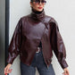 Black faux leather jacket with stand-up collar, oversized motorcycle jacket