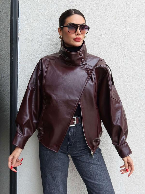 Black faux leather jacket with stand-up collar, oversized motorcycle jacket