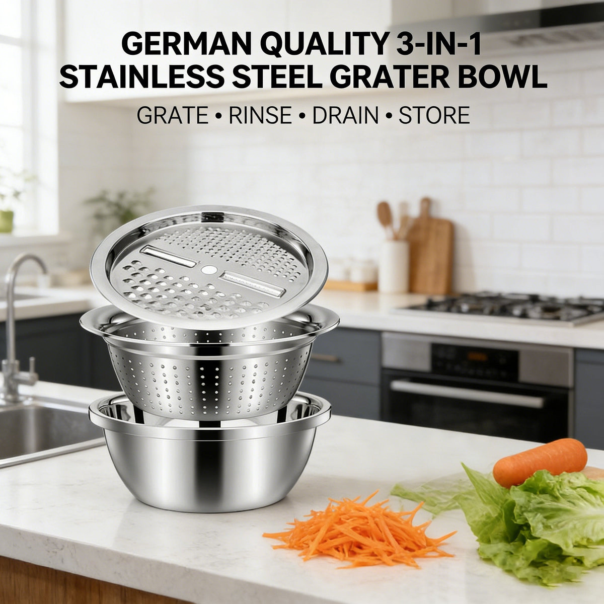 🥗 LIMITED-TIME 50% OFF! ✨ 3-in-1 Stainless Steel Grater Bowl – Multi-function, Space-saving, Easy-clean 🧀