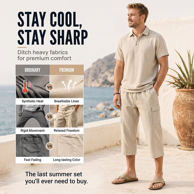 Men Summer Linen Set Loose Shirt and Cargo Shorts Two Piece Outfit