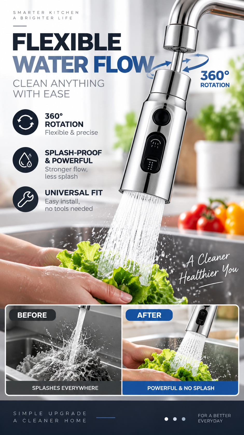 💧🔄 360° rotating high-pressure tap with adapter - flexible water flow for easier cleaning 🚰✨