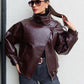 Black faux leather jacket with stand-up collar, oversized motorcycle jacket
