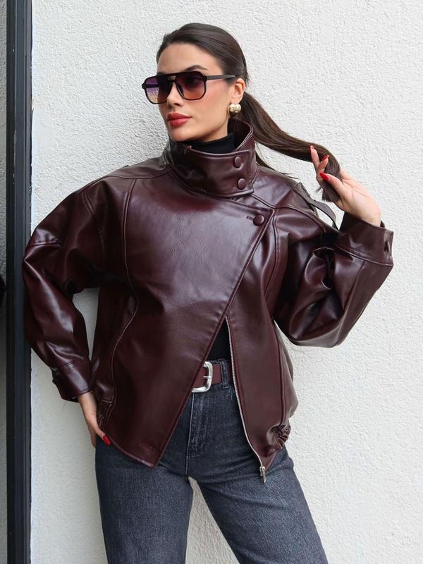 Black faux leather jacket with stand-up collar, oversized motorcycle jacket