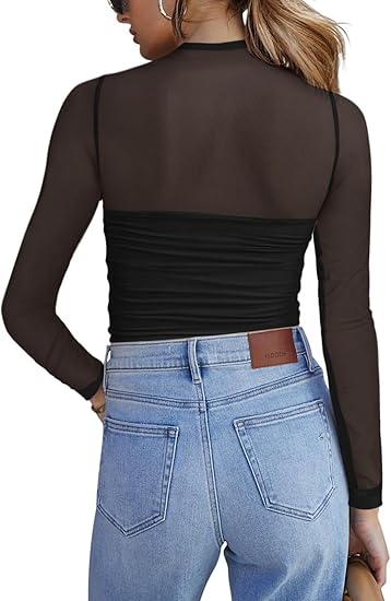 Women's Sparkle Mesh Sheer Long Sleeve Ruched Top