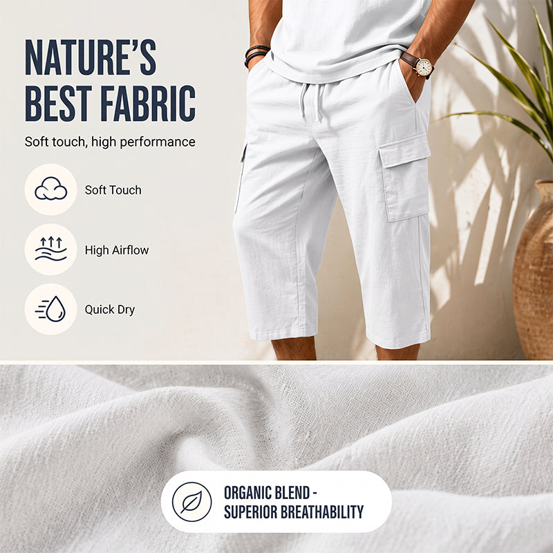 Men Summer Linen Set Loose Shirt and Cargo Shorts Two Piece Outfit