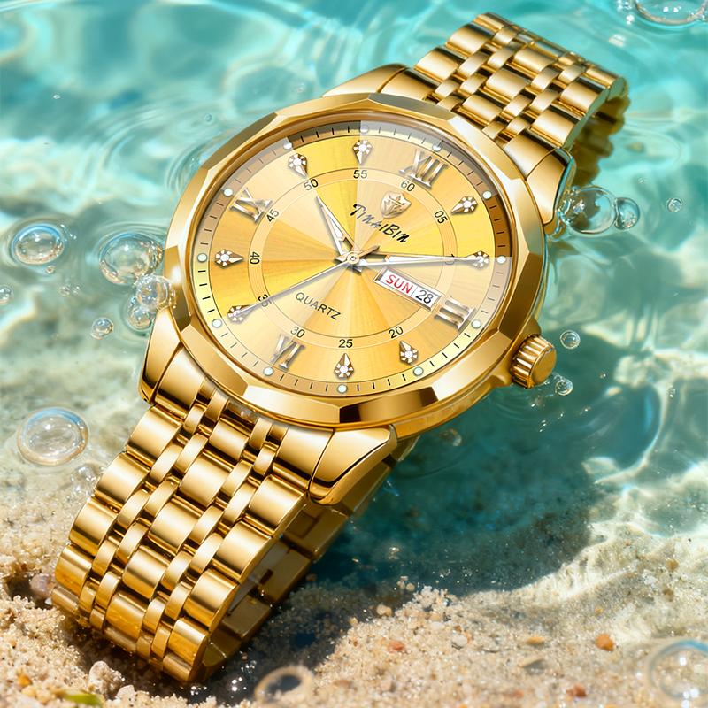 Men's Diamond-Studded Crystal Mirror-Finish Gold Steel Strap Watch