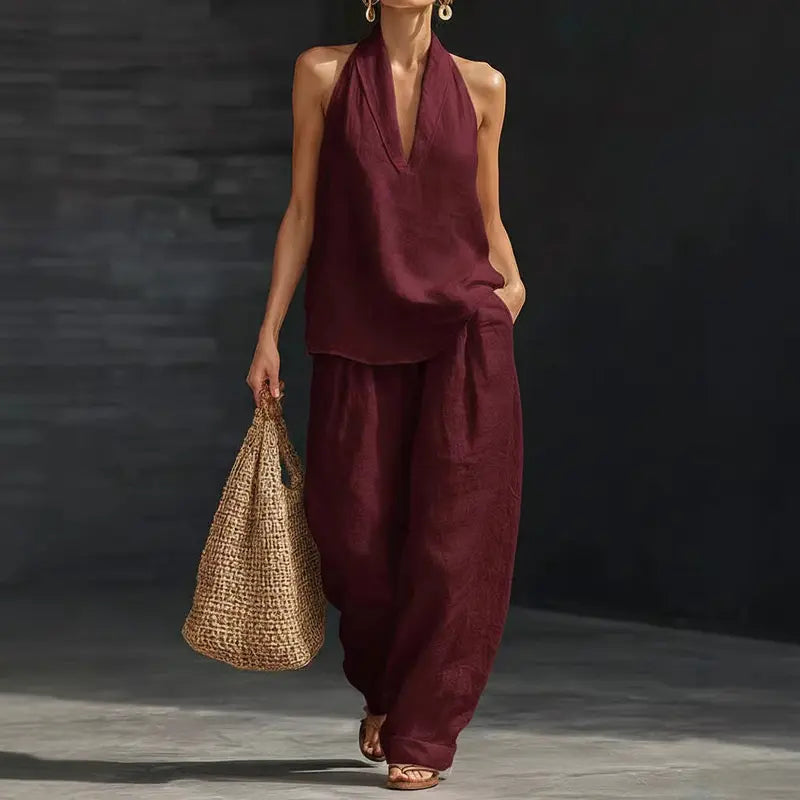 Women's Halter V-Neck Sleeveless Top & Wide Leg Pants 2 Piece Set