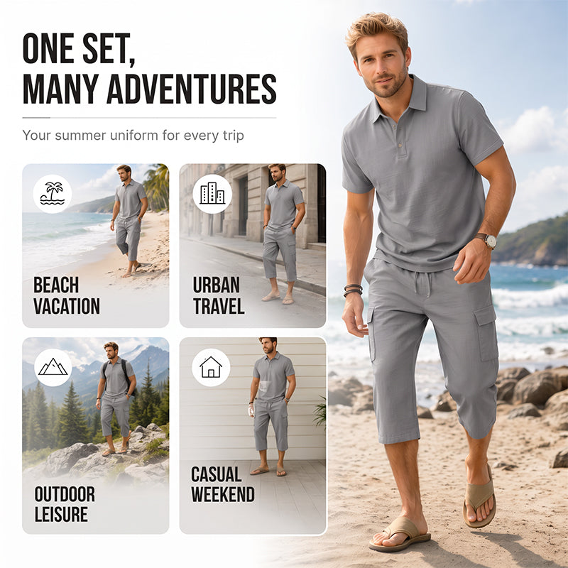 Men Summer Linen Set Loose Shirt and Cargo Shorts Two Piece Outfit